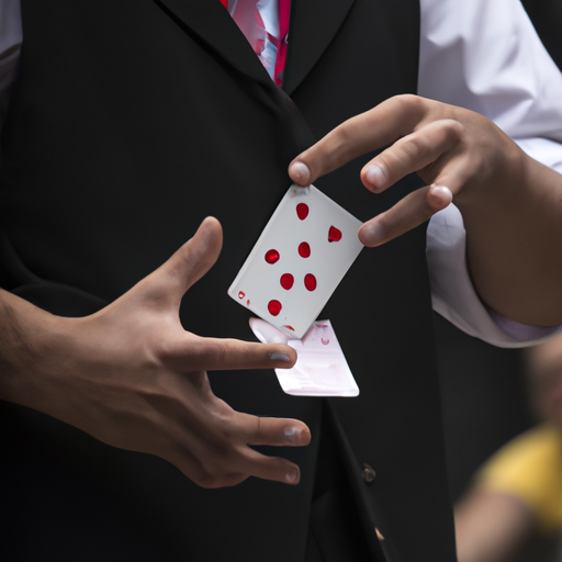 1. תמונה של קוסם מבצע טריק קלפים, ידיו בתנועה כשהקהל מתבונן ביראת כבוד